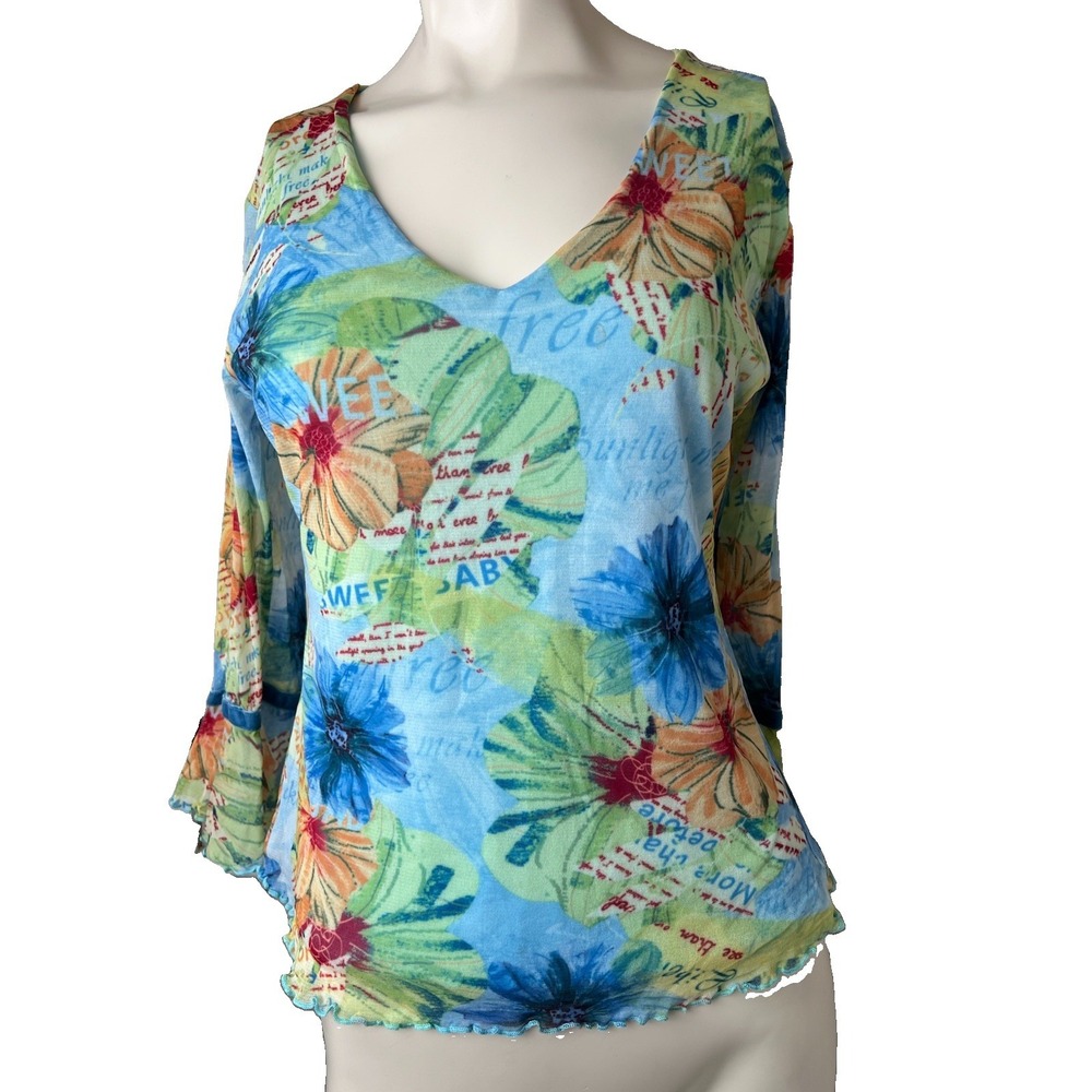 KOKOON Women Blue Floral Graphic Sheer V-Neck Lined Body 3/4 Sleeve Top Med